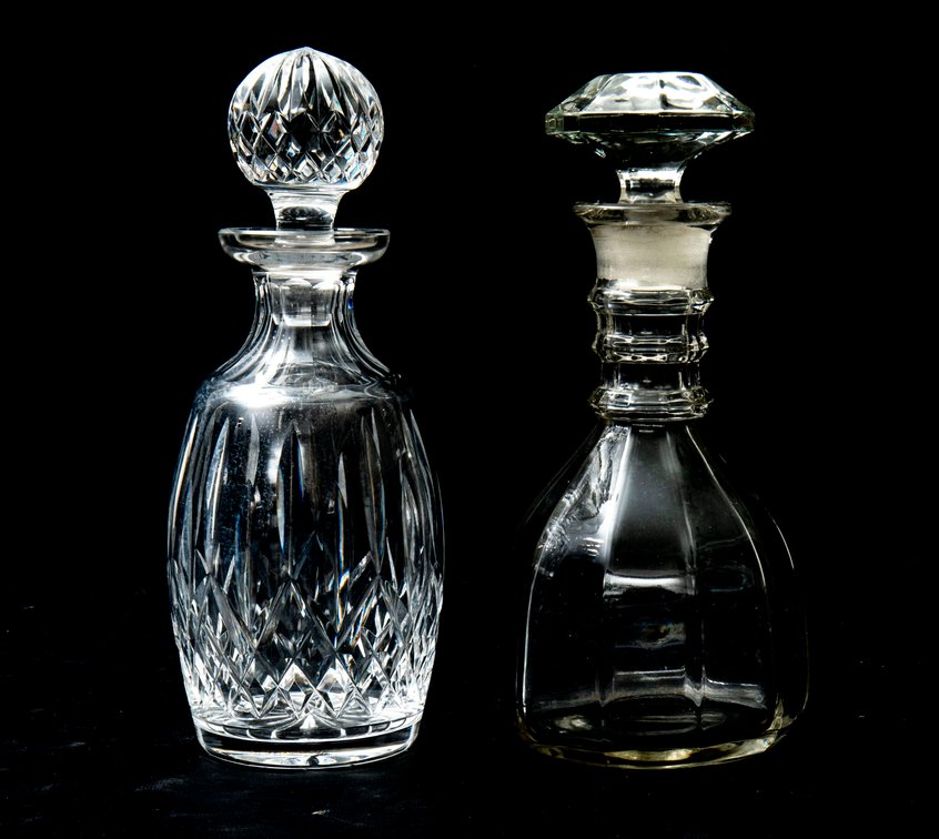 2 Crystal & Glass Decanters- Waterford & Smoked