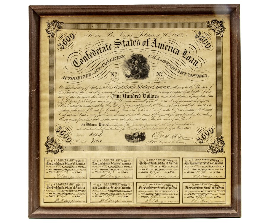 1863 Confederate States of America $500 Bond