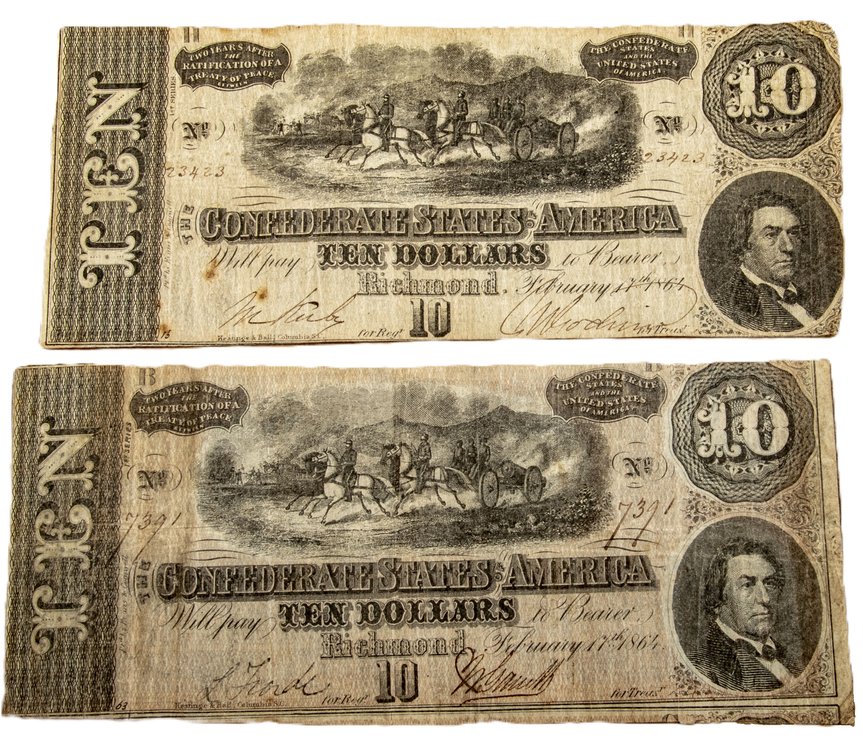 Two 1864 Confederate States of America $10 Notes