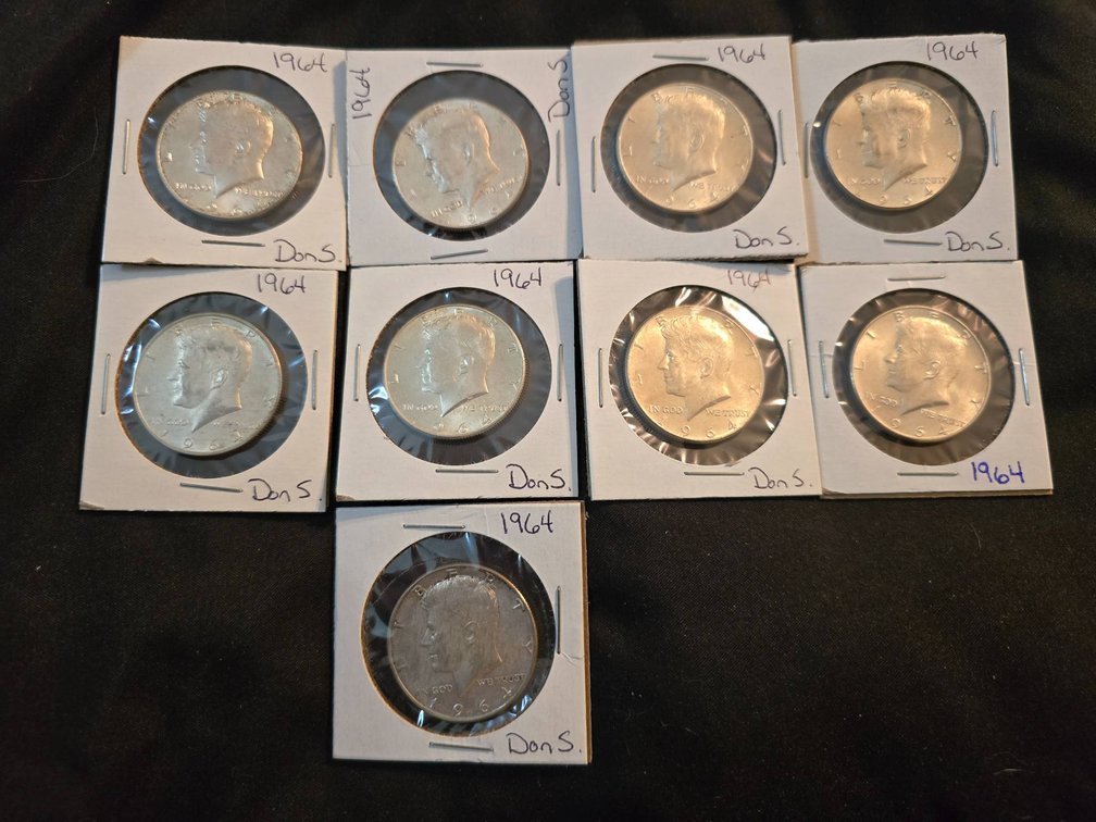Lot of 9 Kennedy Half Dollars, 1964