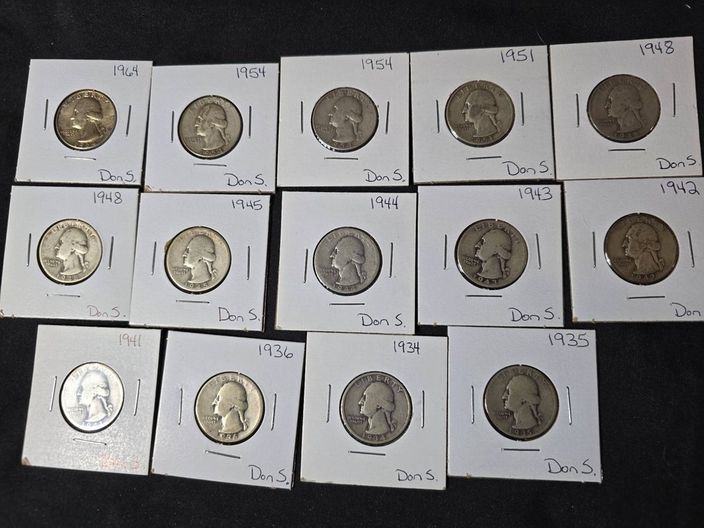 Collection of 14 Pre-1965 Washington Quarters, Various Conditions