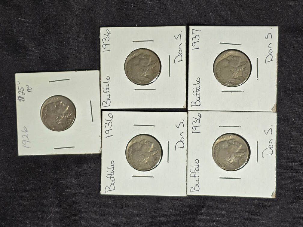 1926 AU Buffalo Nickel with 4 Circulated Buffalo Nickels (1936 and 1937)