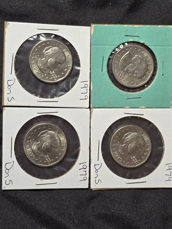 Set of 4 1979 Susan B. Anthony Dollar Coins, 2-P Mint, 2-D Mint, AU-UNC Condition