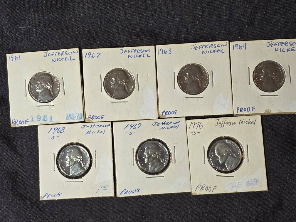 Set of 7 Jefferson Nickels Proof Coins, Various Years (1961–1976)