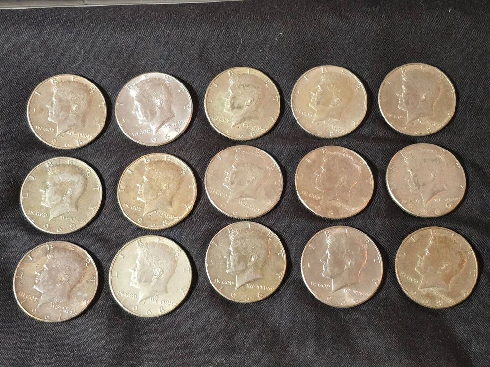 Lot of 15 Kennedy Half Dollars, 40% Silver Composition