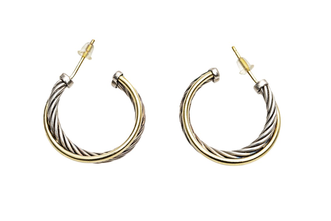 David Yurman S.S./18K Cable Hoop Earrings- 6.7 G