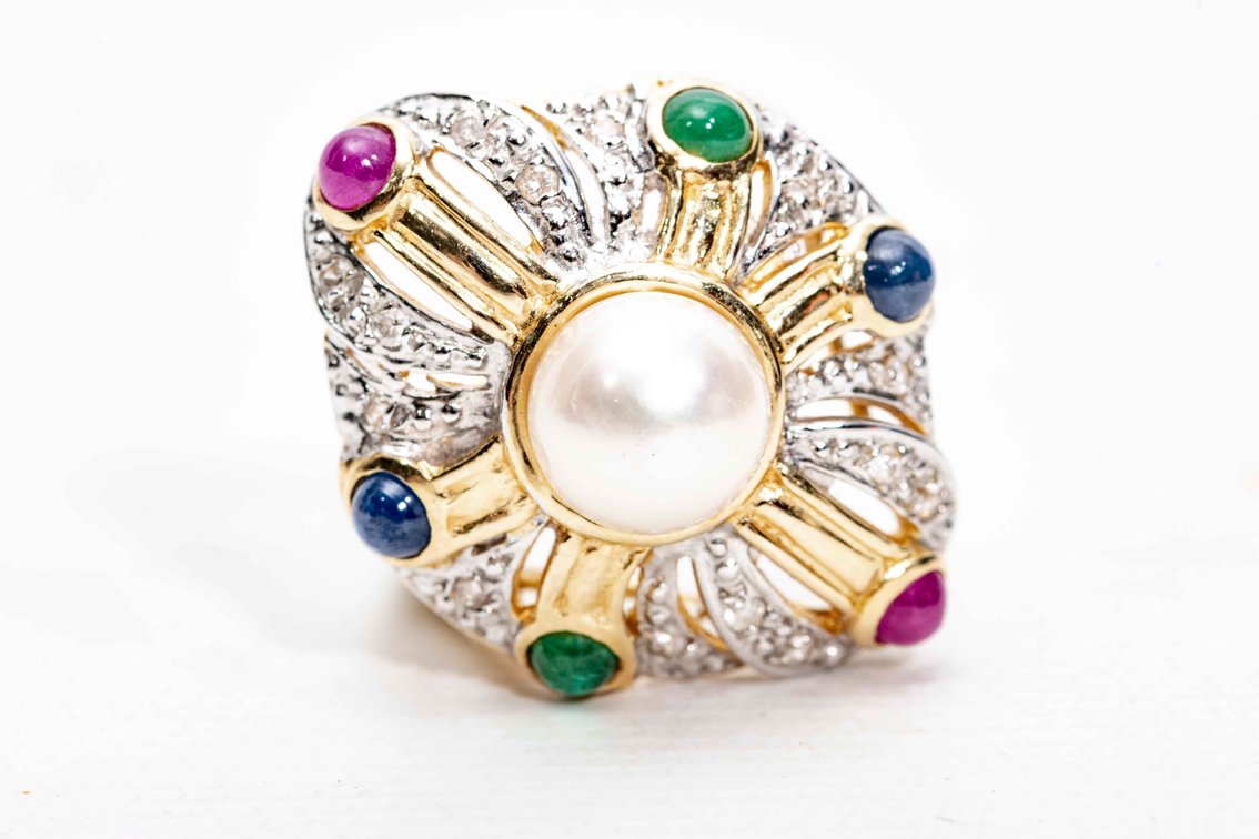14K Gold, Dia., Ruby, Emer & Pearl Ring- 6.9 G