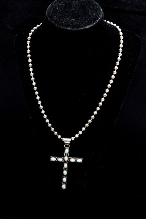 Sterling & Opal Cross & Ball Chain- 39.5 G