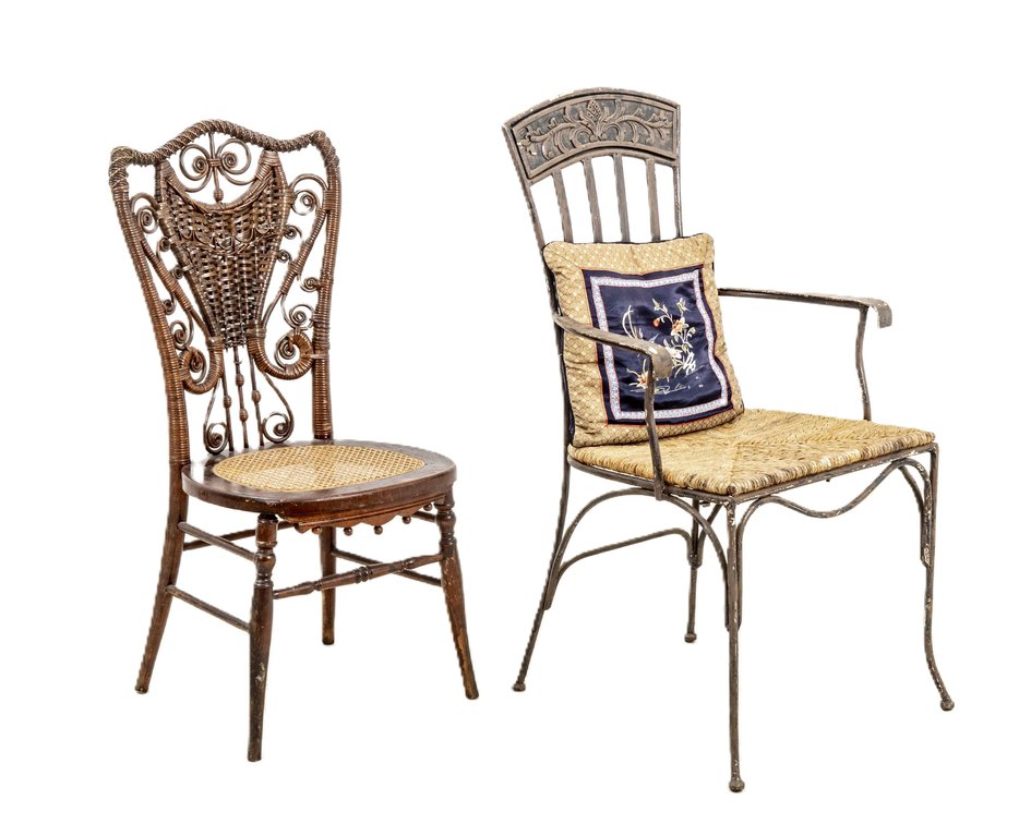 Victorian Wicker Chair & Metal Chair w/ Silk Pillow