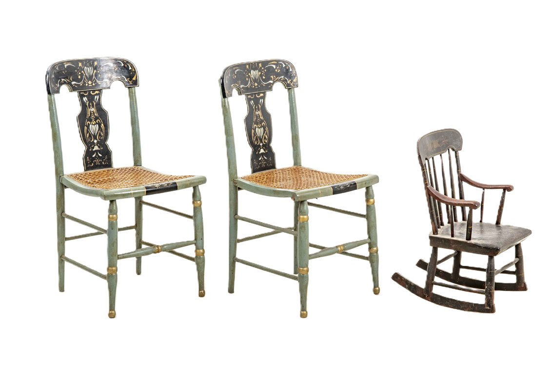 Antique Wooden Cane Chairs &Child Rocker -Toleware