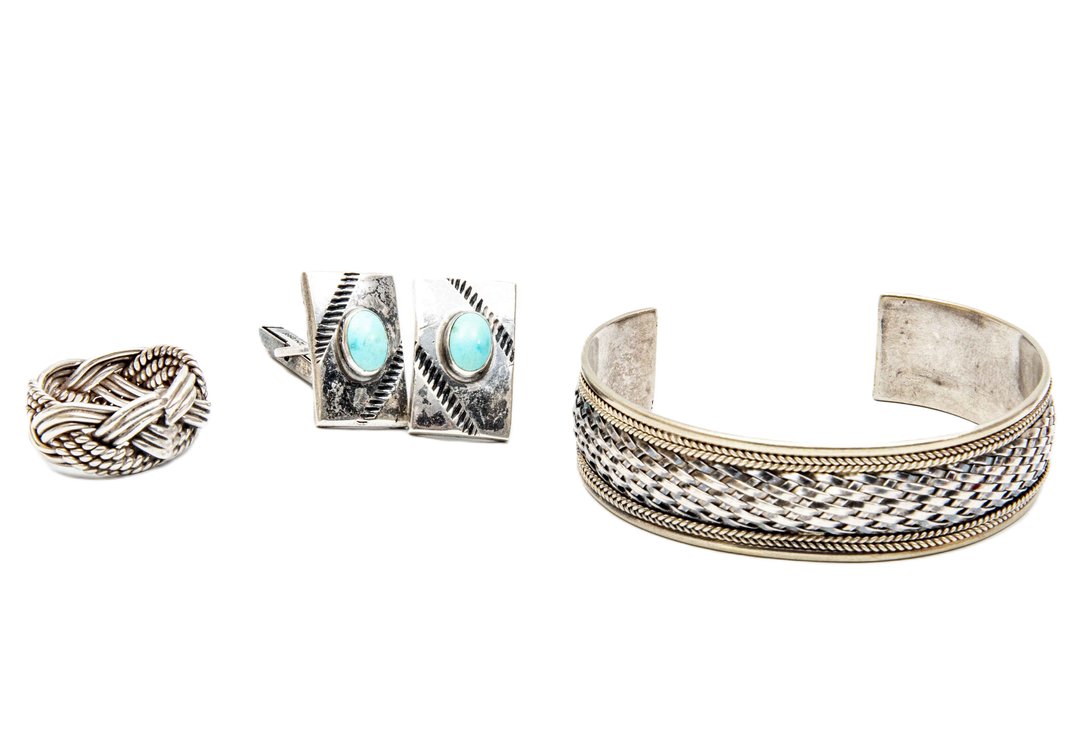 Sterling Cuff Bracelet, Ring & Cuff Links- 51.5 G
