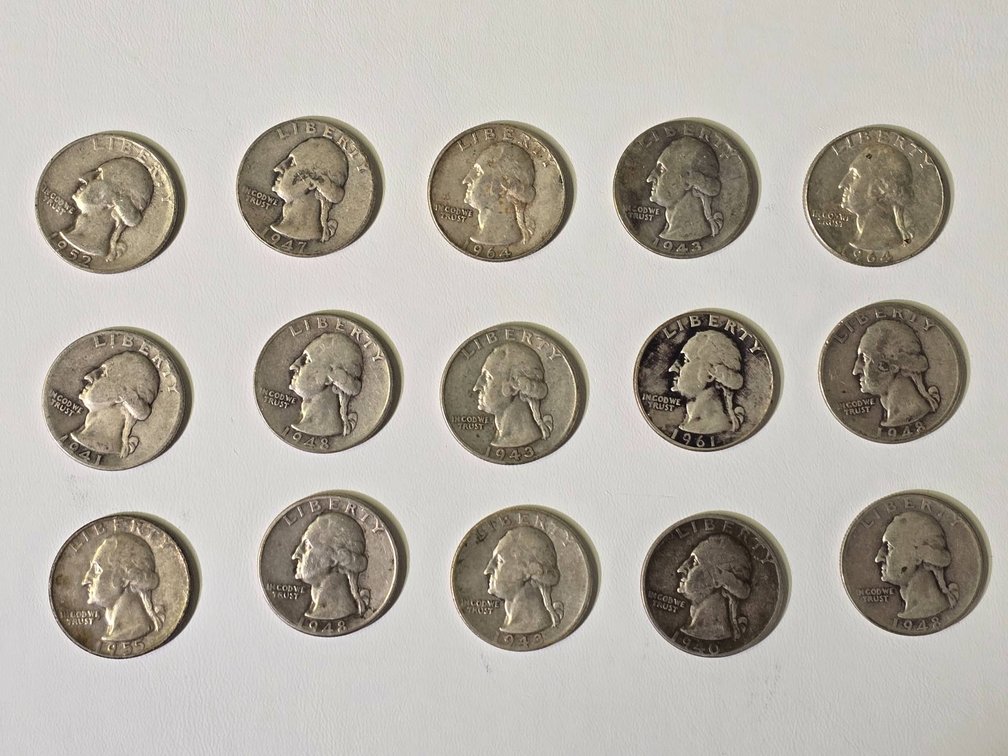 Collection of 15 Silver Washington Quarters