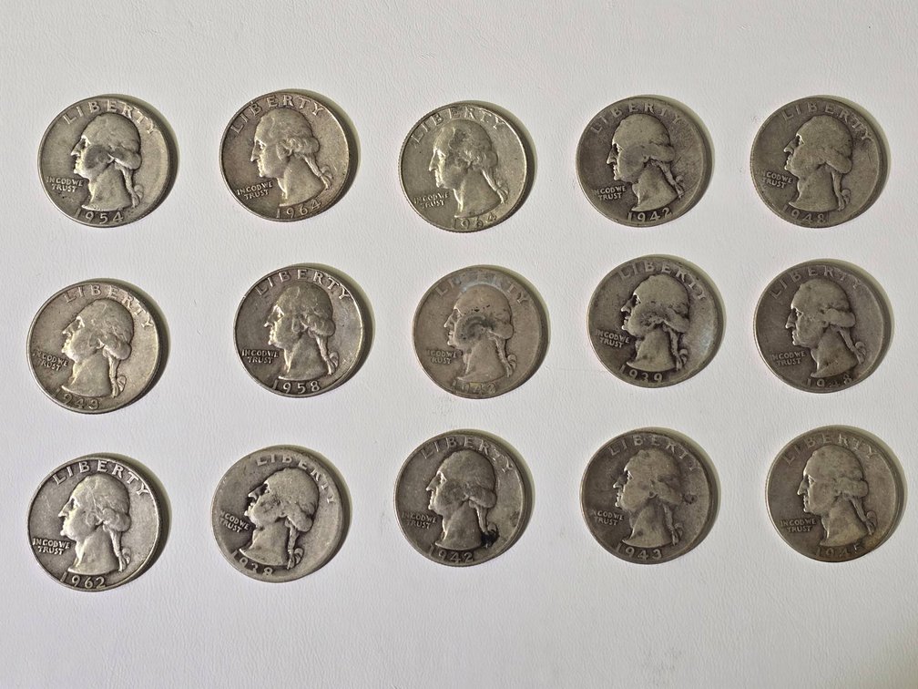 Lot of 15 90% Silver Washington Quarters Mixed Dates