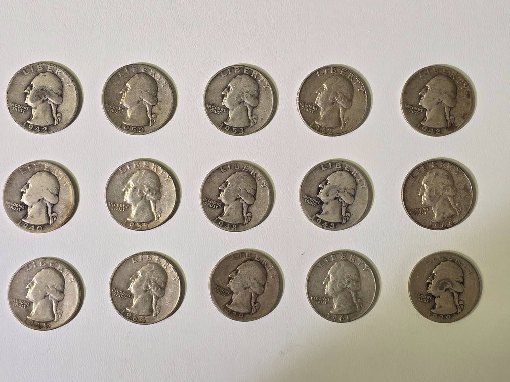 Set of 15 Washington Silver Quarters from The United States