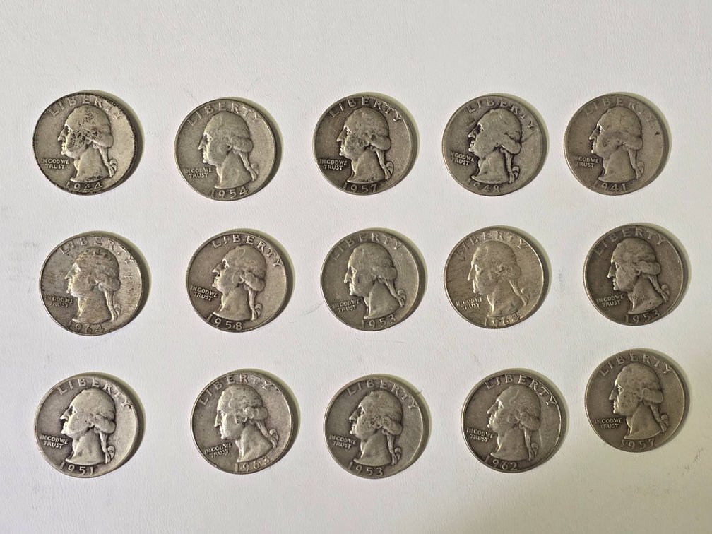 Lot of 15 Washington Silver Quarters, Various Dates