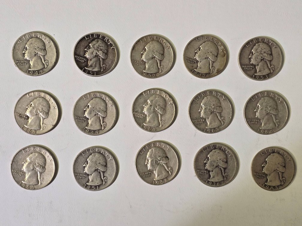 Lot of 15 Washington Silver Quarters (90% Silver Content)