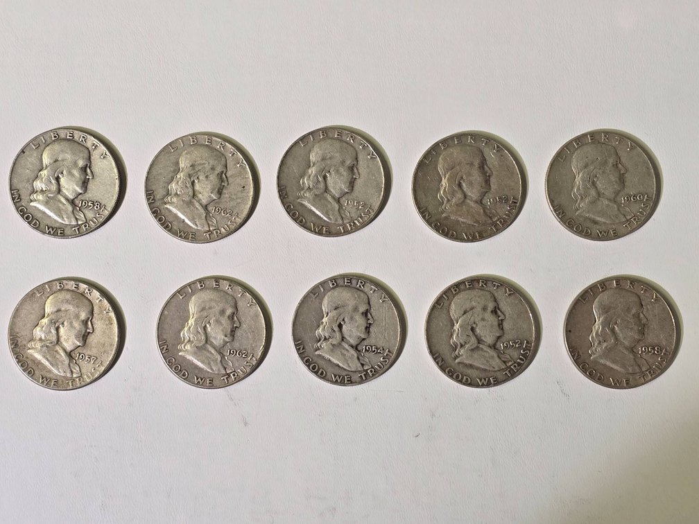 Set of 10 Franklin Half Dollars in Circulated Condition