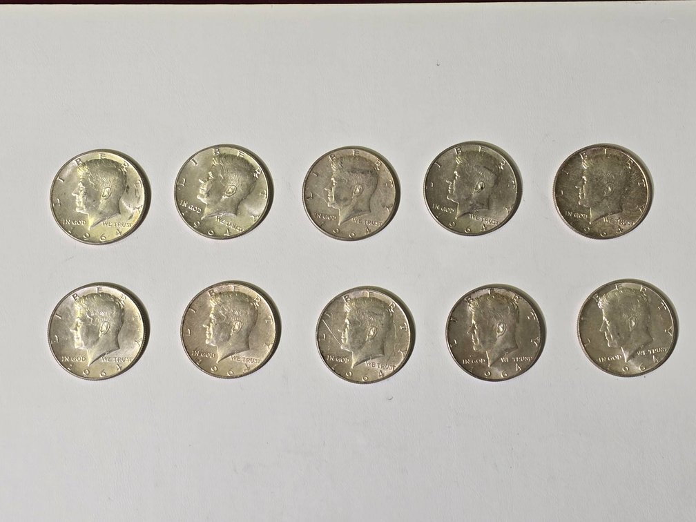 Set of Ten 1964 Kennedy Half Dollars in Silver