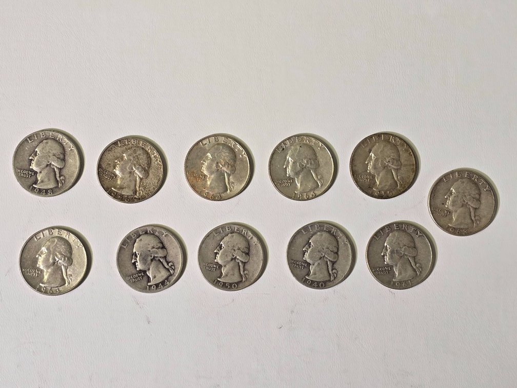 Set of 11 Washington Silver Quarters in Circulated Condition