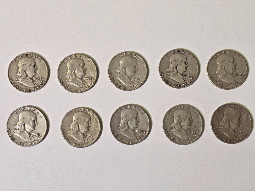 Set of 10 Franklin Half Dollars, 90% Silver, Mixed Dates