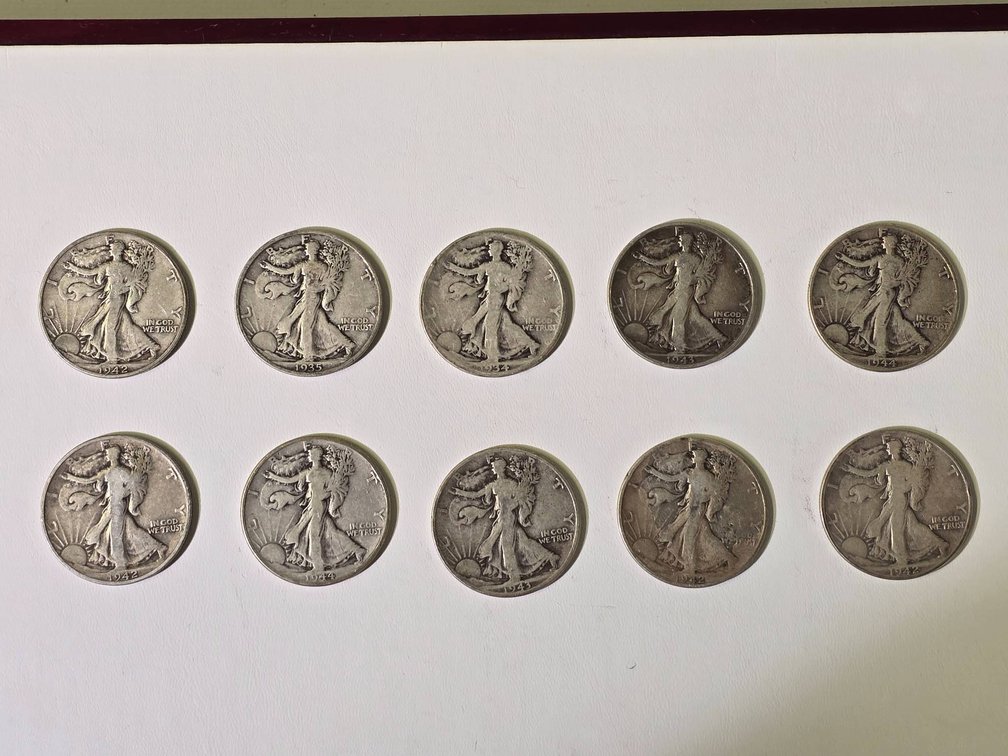 Group of Ten Walking Liberty Half Dollar Coins