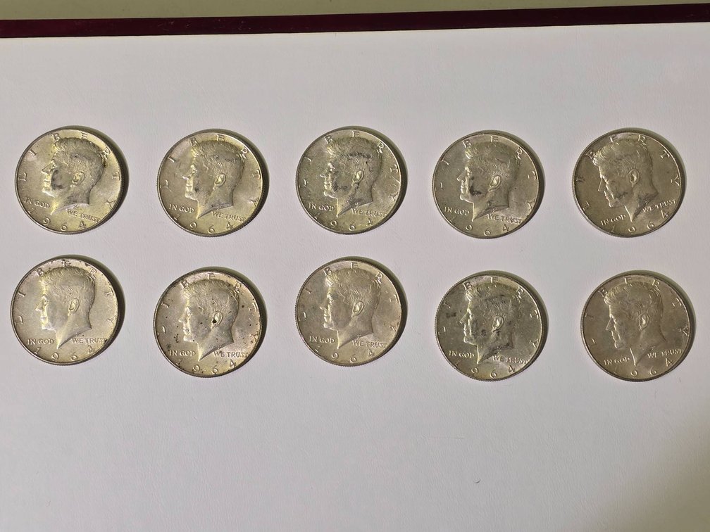 Lot of 10 Kennedy Half Dollars from 1964 in Circulated Condition