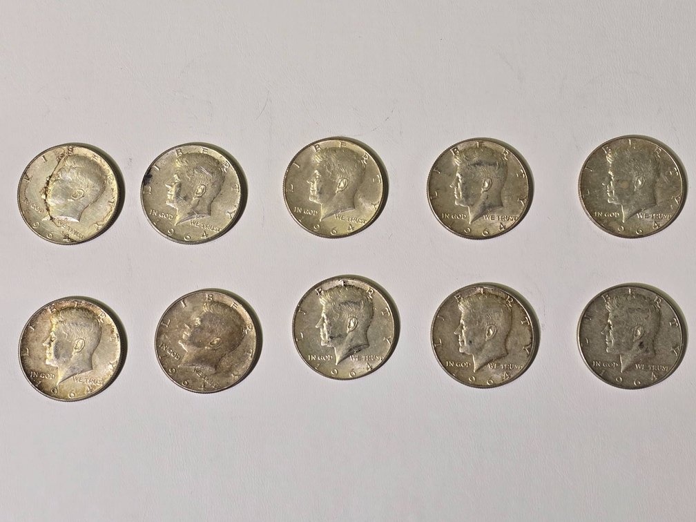 Set of 10 Kennedy Half Dollars, 1964, 90% Silver