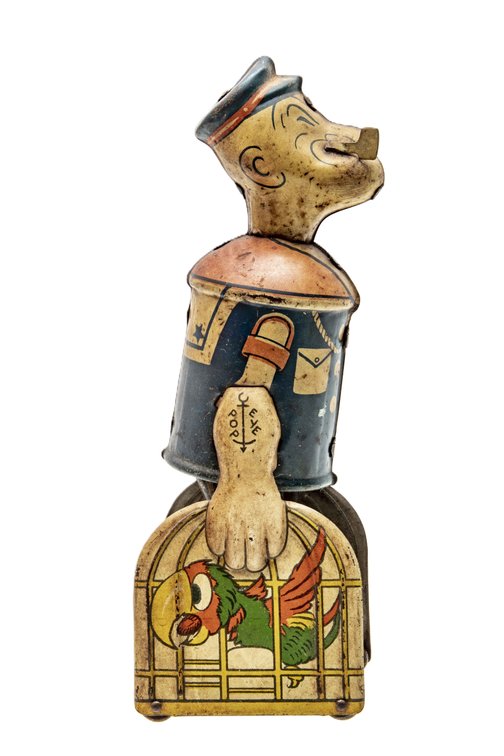 Vintage Marx Wind-Up Tin Walking Popeye w/Parrots
