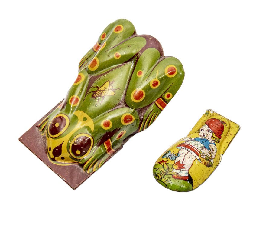 2 Vintage Tin Litho Clickers - Lg Frog & Girl