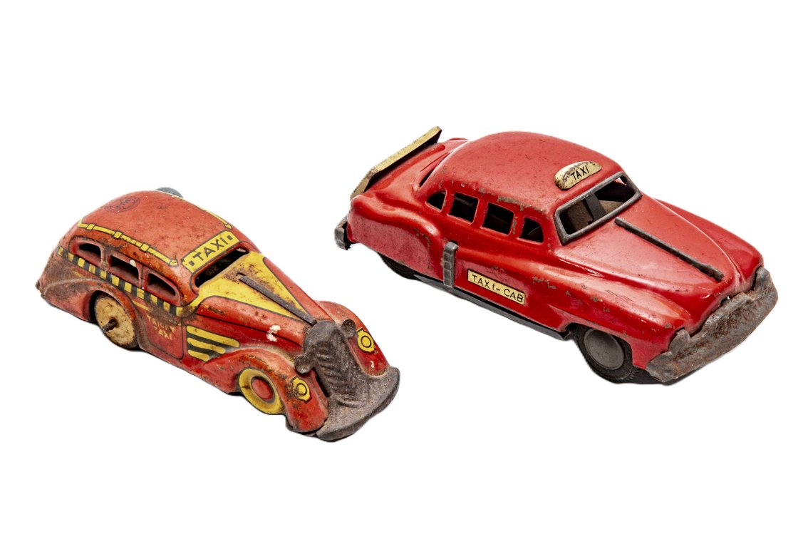 2 Vintage Tin Litho Taxi Cars