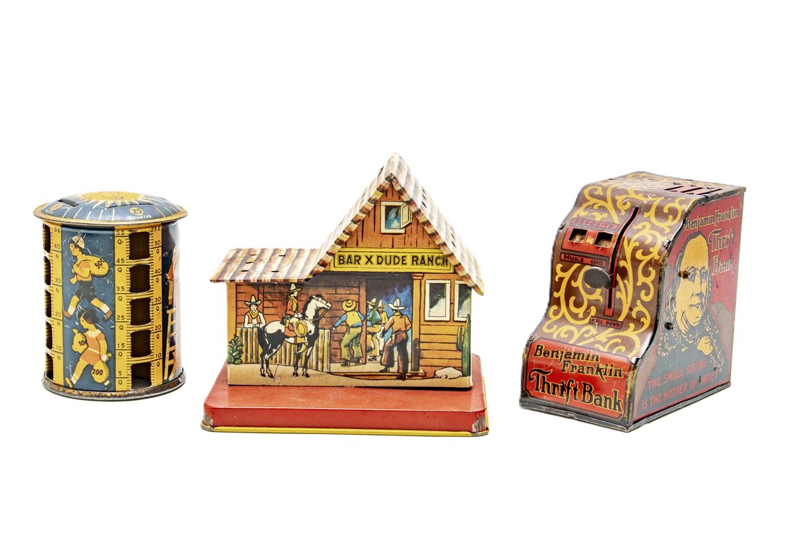 3 Vintage Tin Litho Banks - Bar X Dude Ranch +More