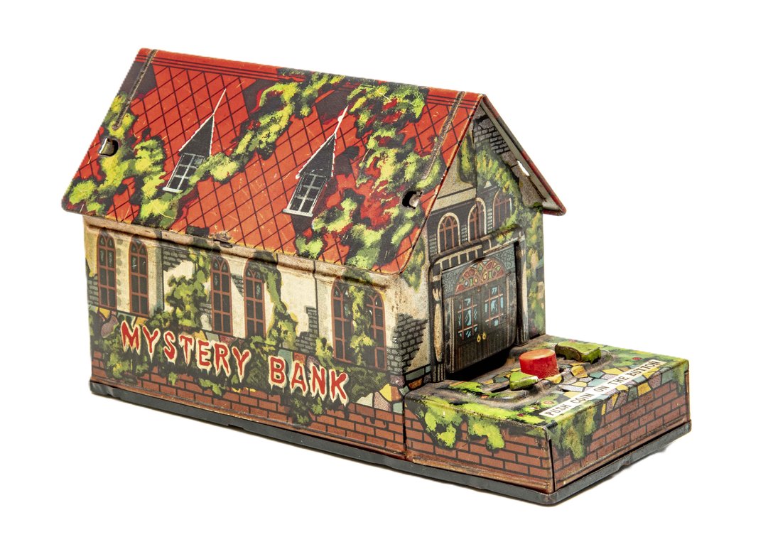 Vintage Tin Litho Wind Up Mystery Bank - Works!