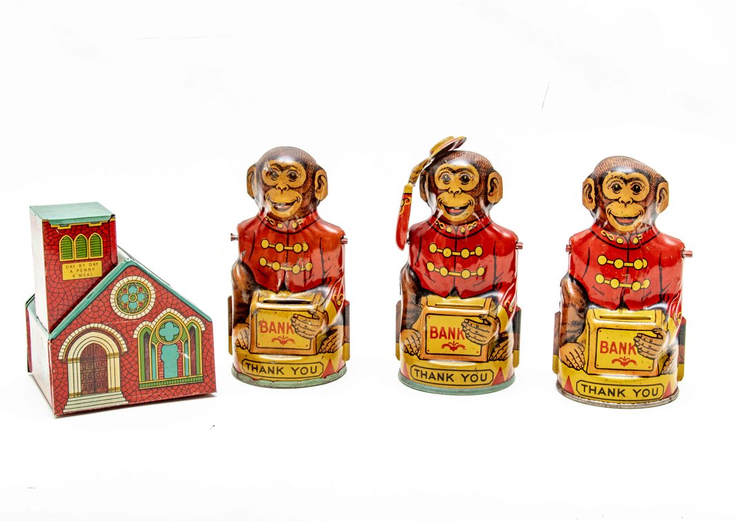 4 Vintage Tin Litho Banks - Monkeys & Church
