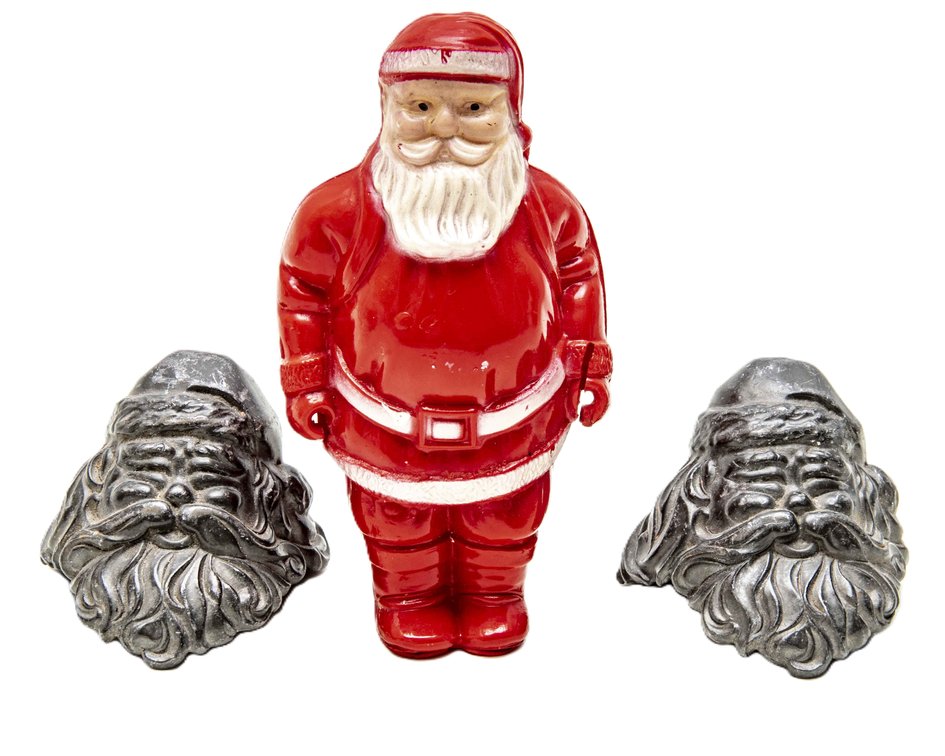 Vintage Irwin Plastic Santa & 2 Metal Santa Heads