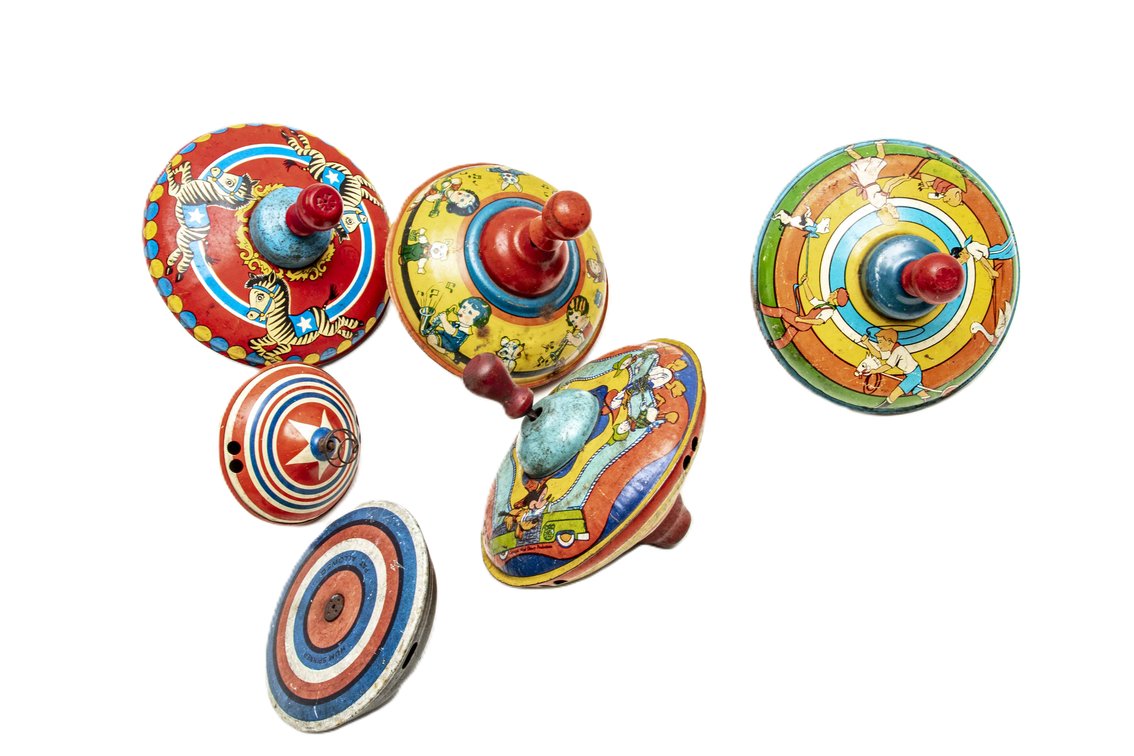 6 Different Tin Litho Spinning Tops