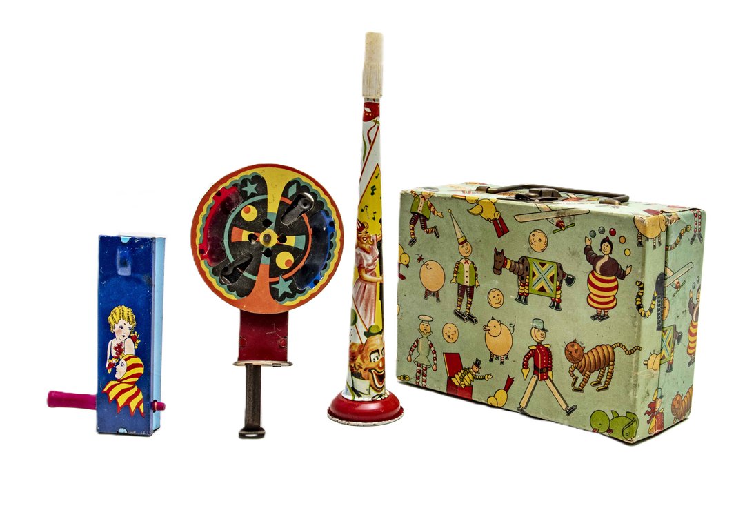 Vintage Cardboard Toy Case & Tin Noise Makers