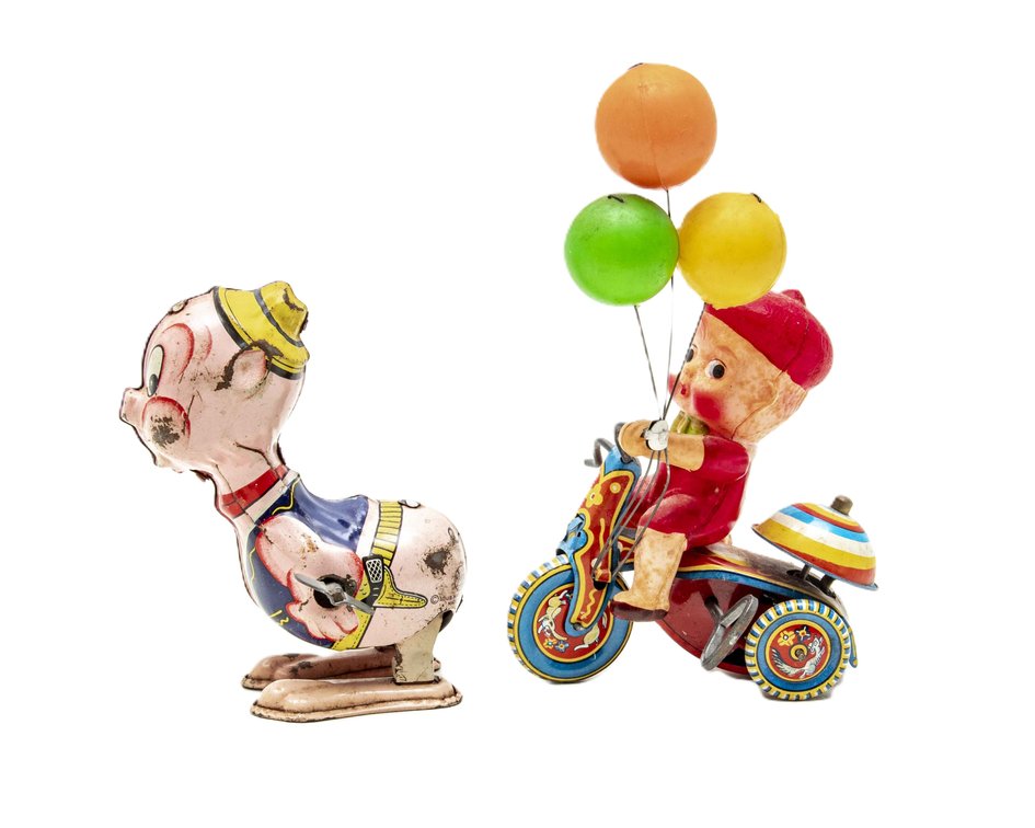2 Vintage Wind-Up Tin Toys - Pig & Boy on Bike