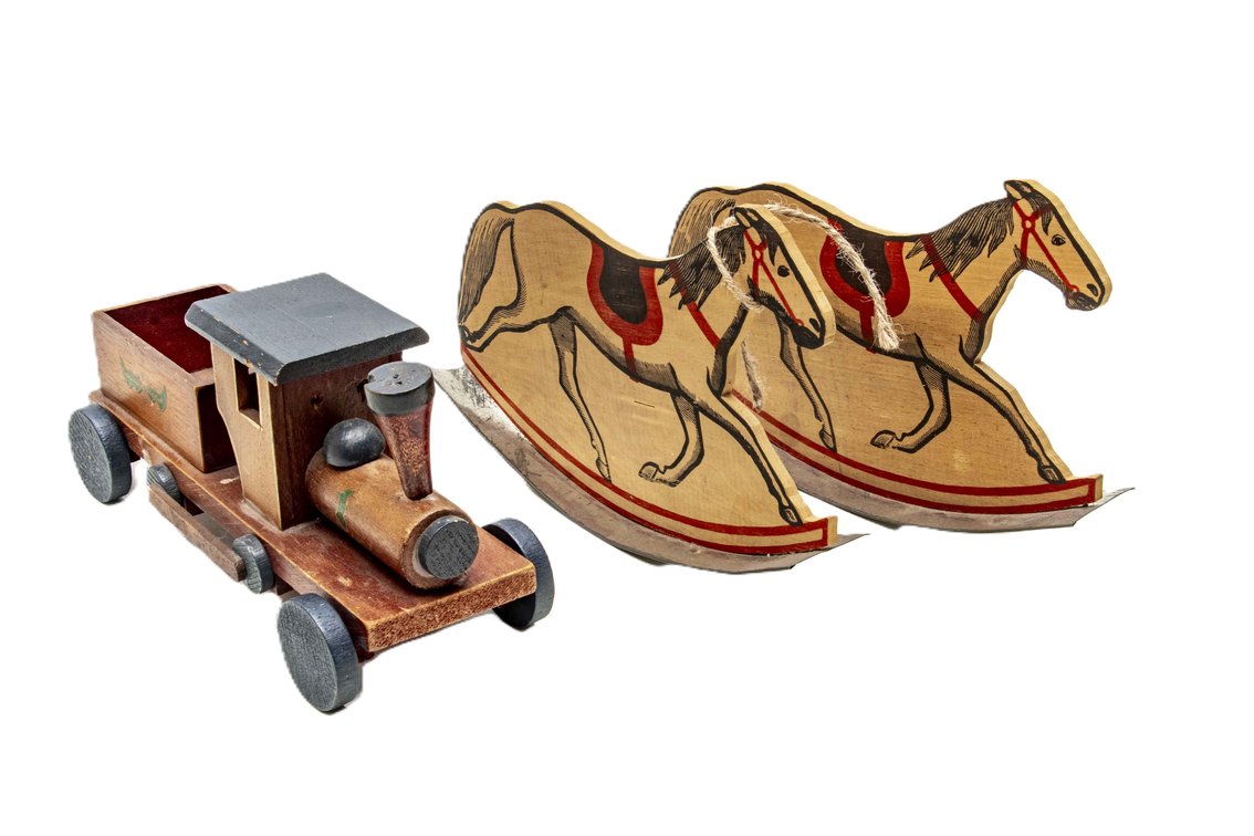 Wooden Toy Train and Two Rocking Horses