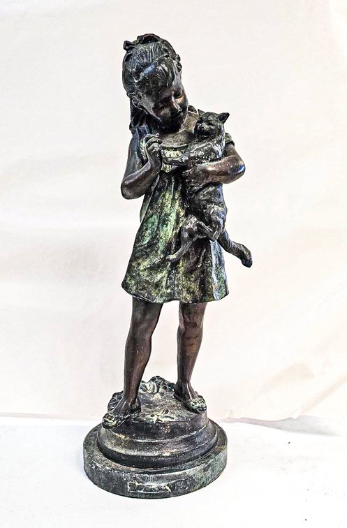 Tiffany & Co. Signed A. De Ranieri Bronze Sculpture of Girl with Cat