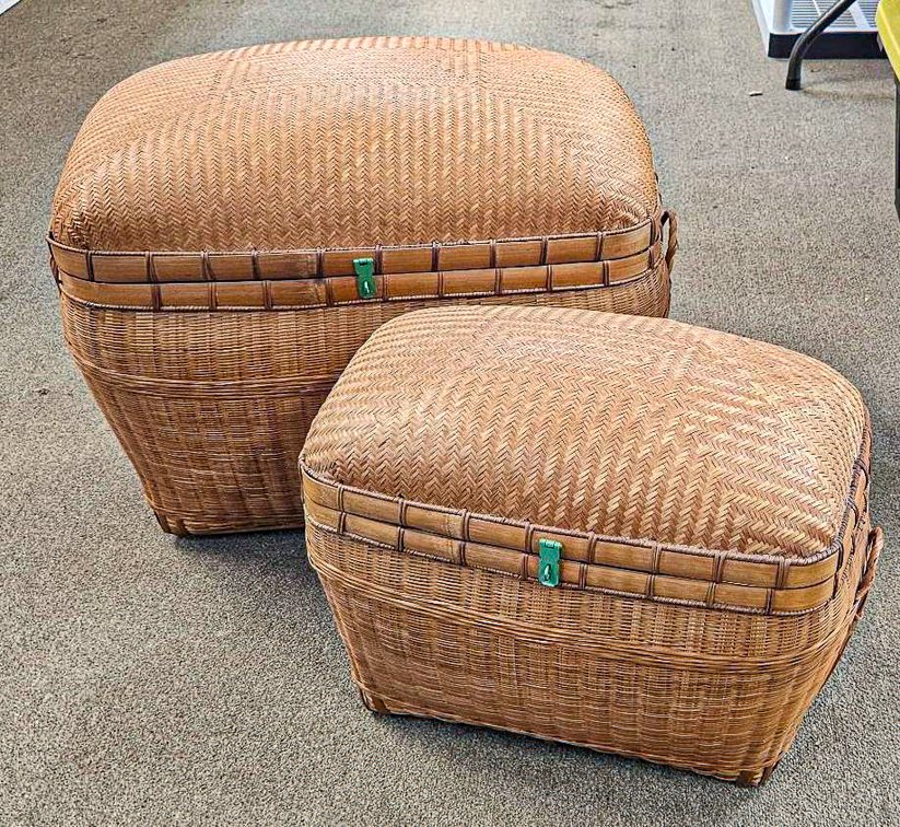 Set of Two Intricate Woven Basket/Trunks with Hinged Lids