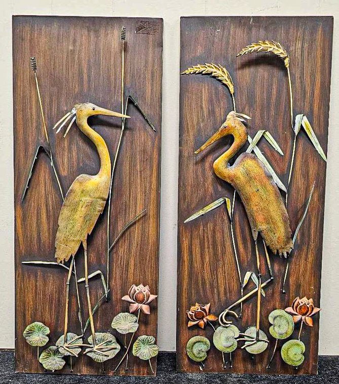 Pair of Heron-Themed Metal Wall Art Panels With Floral Detail