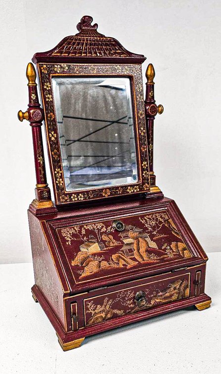 Vanity Box with Mirror & Drawers, Gilt Asian Motif