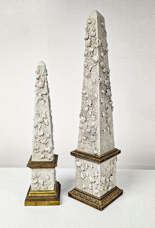 Pair of Ornate Porcelain and Bronze Obelisks