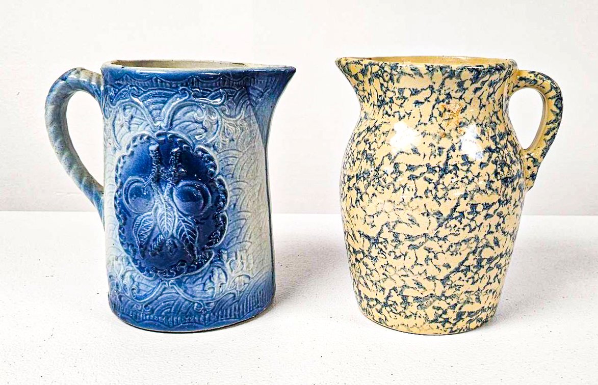 Hull Salt Glaze Apricot and RRP Co. Spongeware Pitchers