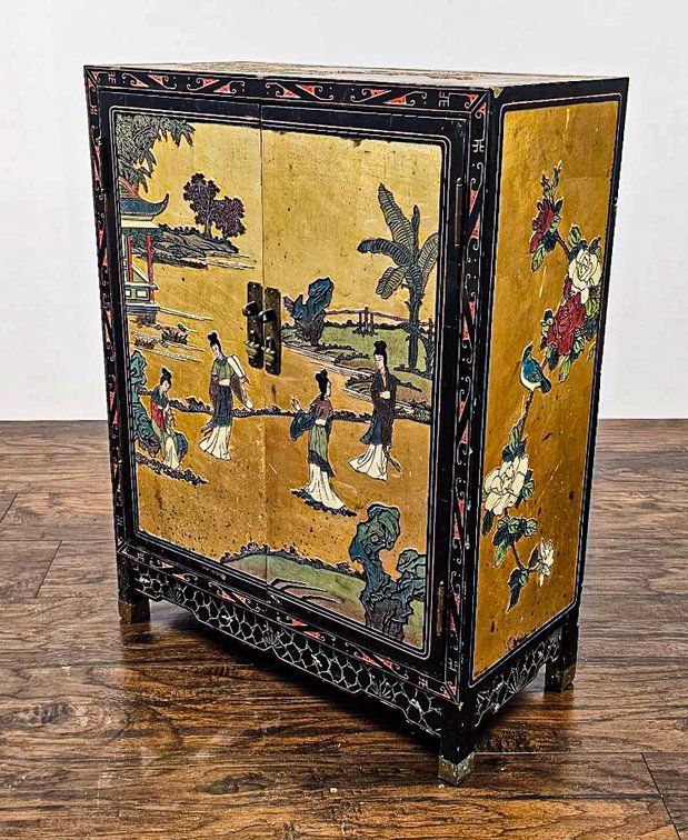 Vintage Painted Cloisonne-Style Cabinet, 30x11x23