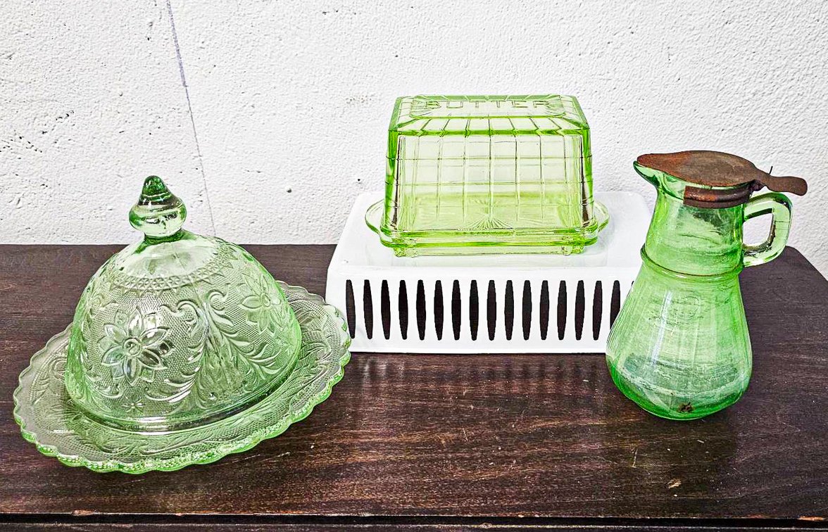 Two Vintage Vaseline Glass Pieces and Tiara Domed Dish
