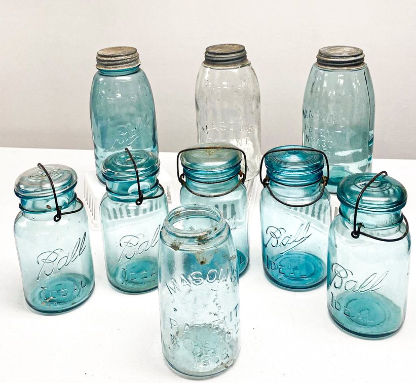 Collection of Mason and Ball Glass Jars in Various Blue and Clear Tones