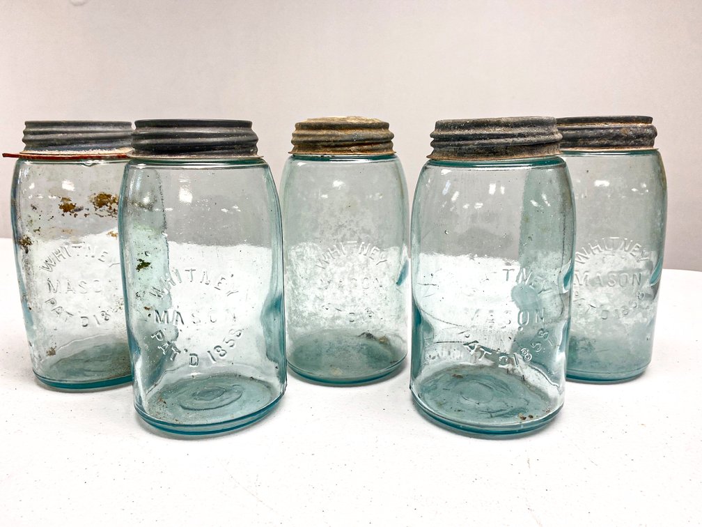 Lot of Five Early Whitney Mason Blue Glass Jars with Original Lids