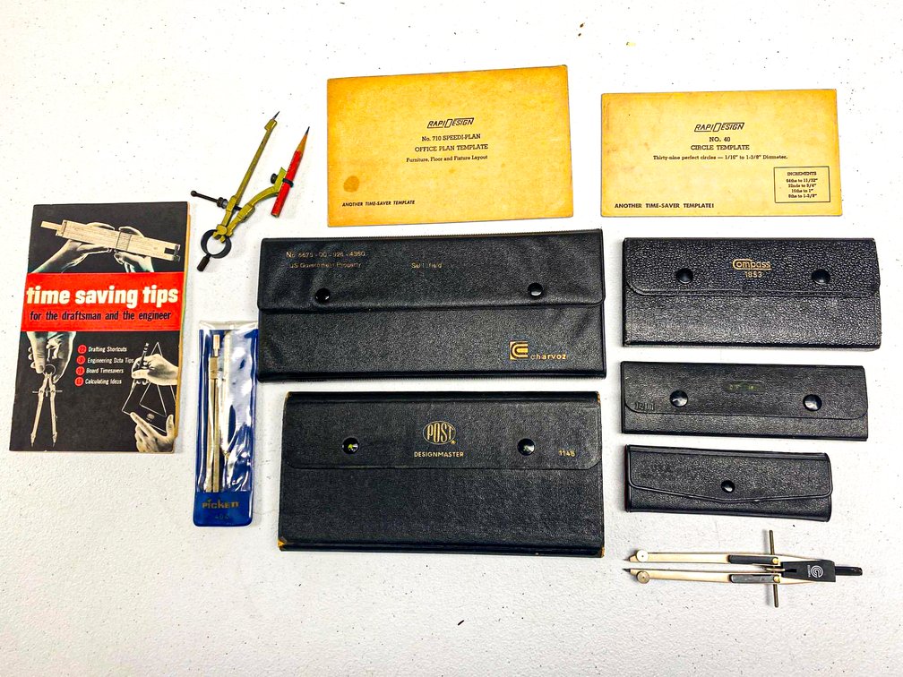 Collection of Drafting Tools Including Charvoz, Post, and Compass Sets