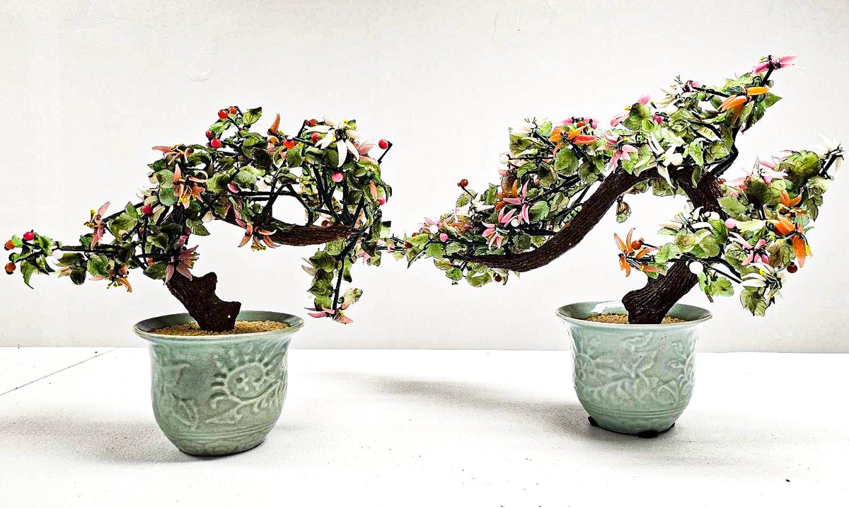 2 Chinese Peking Glass Bonsai  with Celadon Planters